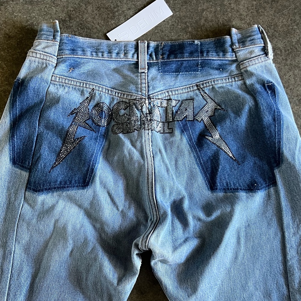 EB Denim Light Blue Straight Leg Jeans with Dark Blue Pocket Panels